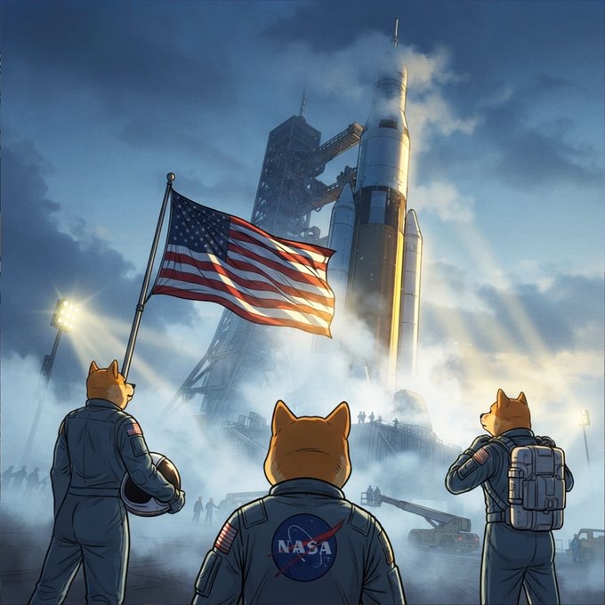 An illustration shows three cat-headed astronauts in NASA spacesuits looking up at a massive Saturn V-style rocket on a launch pad, with an American flag in the foreground and dramatic light beams breaking through clouds.