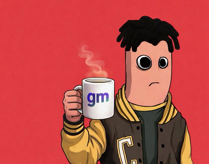 urn of hot coffee with steam, cartoon character holding mug and jacket against red background.