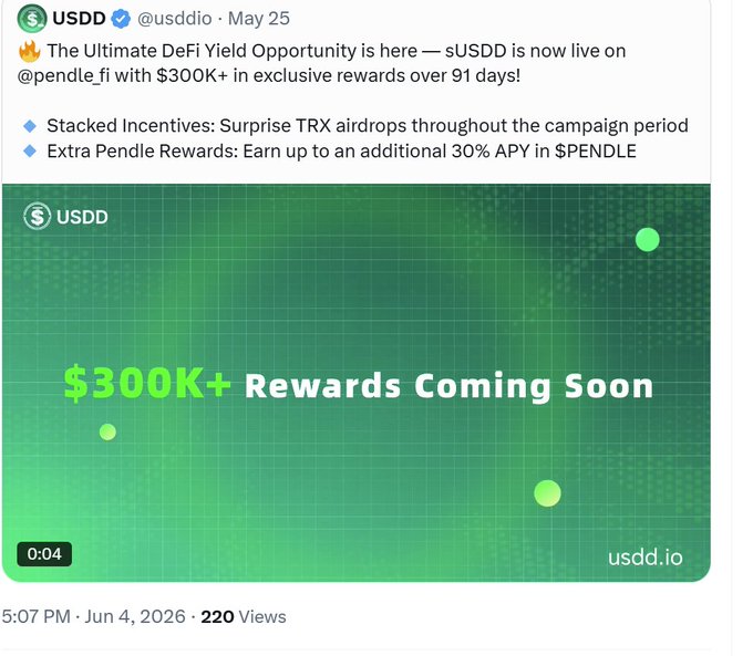 The image features an announcement for the launch of a new cryptocurrency called USDD (UsdD) Market. The post indicates that the market will officially launch soon, offering a total incentive beyond $300,000, which can be accessed over a period of 90 days through the USDD ecosystem. Users participating in this project will have access to multiple earning opportunities during their time with the platform, with updates posted at 5:pm every Thursday and 7am on Monday mornings.