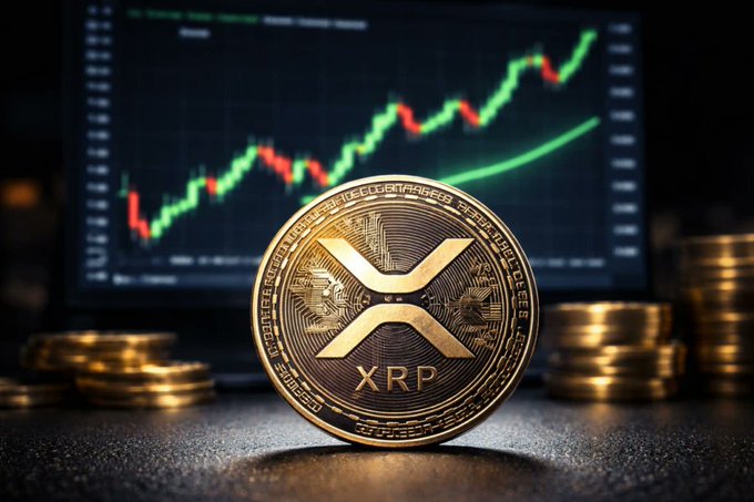 A gold XRP (Ripple) coin is prominently displayed in the foreground with stacks of coins on either side, while a computer screen behind it shows a green and red price chart trending upward, visually representing the bullish momentum surrounding Ripple's upcoming xrpld 3.3.0 upgrade and its new features for the XRPL ecosystem.