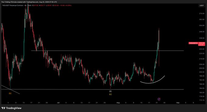 A TradingView chart of TAOUSDT Perpetual Contract showing a strong price pump from the $190 support level (marked with a "C" at the bottom) up through the $227 resistance, currently trading around $232 with an intraday gain of +19.08%, visually confirming the caller's prediction of a rally from the highlighted bottom.