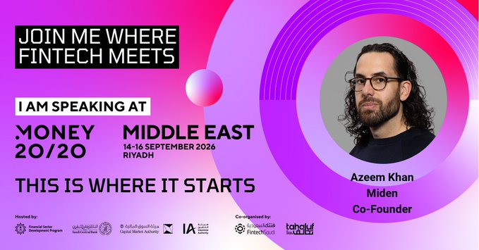 Speaker announcement graphic for Azeem Khan, Co-Founder of Miden, speaking at Money 20/20 Middle East in Riyadh from 14-16 September 2026.