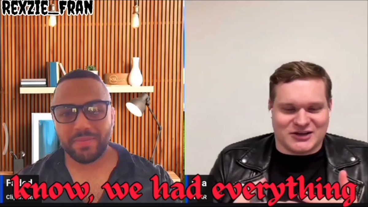 The image shows two men talking to each other over a video call, with one man wearing glasses and the other wearing a leather jacket. The caption of the image reads "Focus on what is in the image and how it relates to the post".