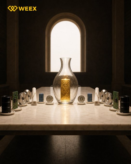 A glowing gold ingot sits inside a glass decanter atop a marble altar, flanked by financial icons—coins, charts, circuit boards, and tokens—bathed in light from an arched window, with the "WEEX" logo displayed in the top corner, visually reinforcing the message "More Markets. One Place." by symbolizing the consolidation of diverse assets under one trusted platform.