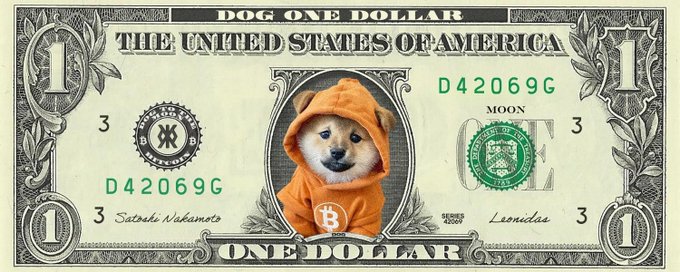 A modified one-dollar bill styled as a 'Dog One Dollar' bill, featuring a Shiba Inu dog wearing an orange 'B' hoodie in place of a portrait.