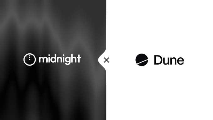 A split black-and-white graphic displays the "midnight" logo with a power-button icon on the dark left side and the "Dune" logo on the light right side, separated by an "x" collaboration marker, visually announcing the integration of Midnight network data onto the Dune analytics platform.