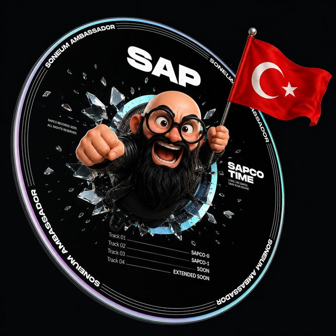 A 3D digital graphic featuring a cartoonish bearded man with glasses bursting through a circular SAP record label design while holding a Turkish flag.