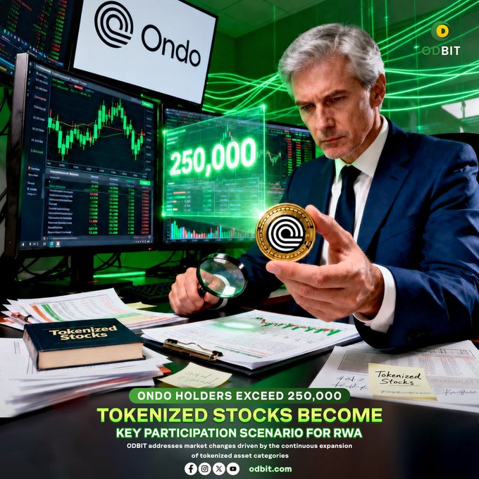 A suited analyst examines a glowing Ondo (ONDO) coin under a magnifying glass amid financial charts and documents, with a holographic display highlighting the milestone of 250,000 holders and banners reading "ONDO HOLDERS EXCEED 250,000" and "TOKENIZED STOCKS BECOME KEY PARTICIPATION SCENARIO FOR RWA." The image visually reinforces the post's announcement by dramatizing Ondo's expanding user base and its emerging role in the tokenized securities market tracked by ODBIT.