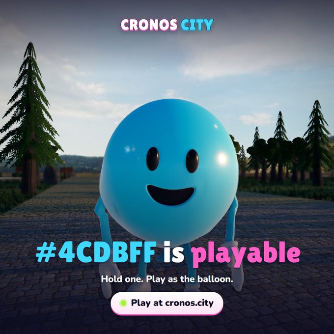 A promotional graphic for "CRONOS CITY" featuring a blue balloon character, with text stating "#4CDBFF is playable" and a button to "Play at cronos.city".