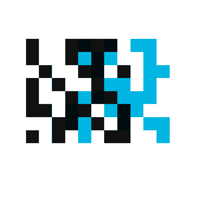 A pixel art design spelling 'L' and 'W' using black, white, and cyan-blue square blocks on a white background.