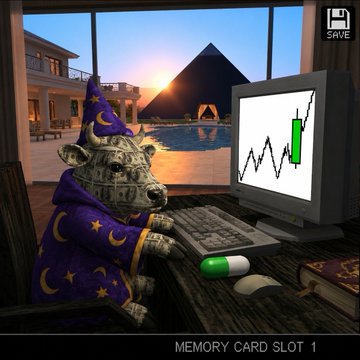 A hippo dressed as a wizard sits at a desk analyzing a green candlestick chart on a vintage computer, with a pill nearby and the text "MEMORY CARD SLOT 1" below—visually reinforcing the post's "$CASHCOW" narrative of a meme coin "turnaround" from red to green candles as an undervalued opportunity.