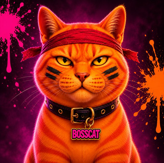 A vibrant, stylized illustration portrays an orange tabby cat wearing a red headband and a studded leather collar with a tag that reads 'BOSSCAT,' set against a splashy pink and orange paint background.