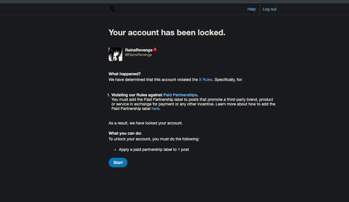 The image shows a Twitter/X account suspension notice for user "RainsRevenge" (@RainsRevenge), stating "Your account has been locked" due to violating rules against Paid Partnerships, requiring the user to apply a paid partnership label to one post to unlock the account. This relates to the post's joke about being forced to label a pumpfun post as "Paid partnership" while working at the company, highlighting the irony of platform employees being flagged by their own automated moderation systems.