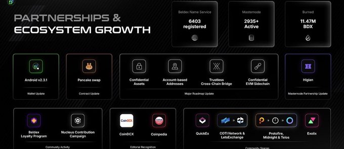 A Beldex ecosystem and partnerships dashboard titled 'PARTNERSHIPS & ECOSYSTEM GROWTH' showing 6403 registered Beldex Name Services, 2935+ Active Mastermodes, and 11.47M Burned BDX, with categories including Wallet Updates, Contract Updates, Community Activity, Editorial Recognition, and Community Support featuring brands like Pancake Swap, CoinDCX, Coinpedia, QuickEx, COTI, Protofire, Midnight, Telos, and Exolix.