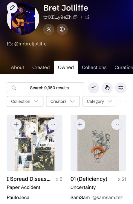 A screenshot of an NFT/crypto profile page for 'Bret Jolliffe' showing the 'Owned' tab with 9,950 results, displaying items like 'I Spread Diseases...' by PauloJeca and '01 (Deficiency)' by SamSam.