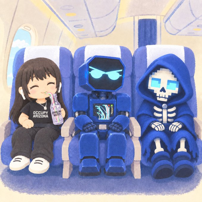 A digital illustration of three characters sitting in airplane seats: a girl wearing an 'OCCUPY ARIZONA' shirt holding a 'SPARKLING WATER' bottle, a blue robot with sunglasses, and a hooded skeleton figure.