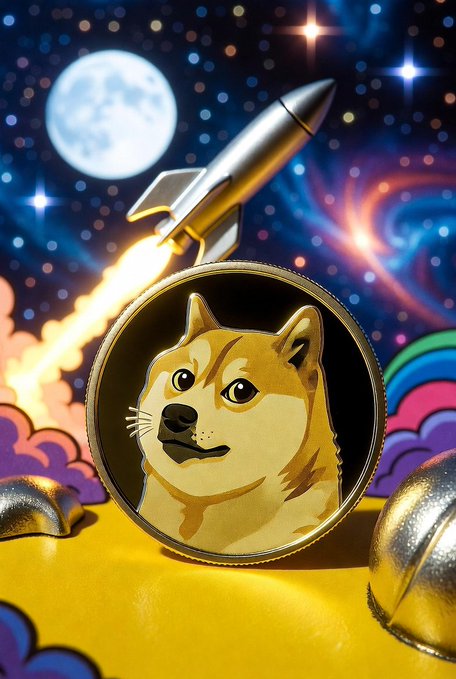 The image features a gold coin with a cartoon dog face on it, which is placed on a yellow surface. The coin has a black border around its edge, giving it an artistic touch. The background of the image depicts a rocket ship flying through space against a starry night sky backdrop. The caption "Dogecoin $DOGE" suggests that this unique coin design might be related to cryptocurrency or digital art.