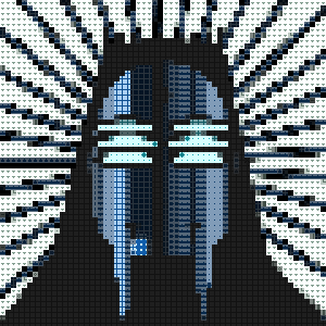 The image shows a pixel art design featuring a stylized blue and black skull-like helmet or mask with a cross pattern over the face, set against a black and white checkered border. No text or numbers are visible in the image.

The graphic appears to be a Sega-themed pixel art creation, possibly referencing Sega's mascot, which fits the context of a discussion about Satari (likely a Sega variant of Atari) console upgrades as the user seeks advice on which model to enhance for retro gaming.