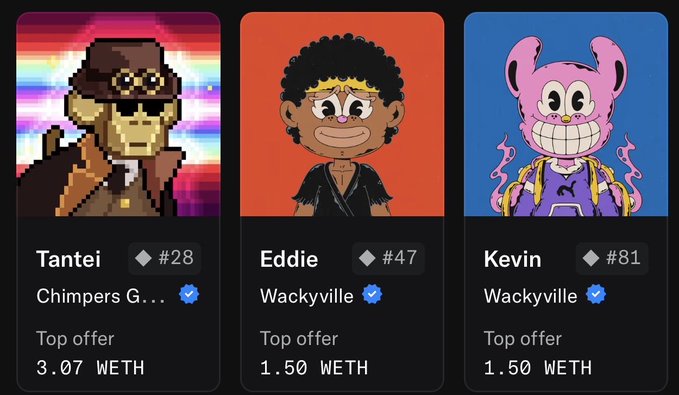 Three NFT profile cards displayed for sale: Tantei #28 from Chimpers G... with a top offer of 3.07 WETH, Eddie #47 from Wackyville with a 1.50 WETH offer, and Kevin #81 from Wackyville also at 1.50 WETH.