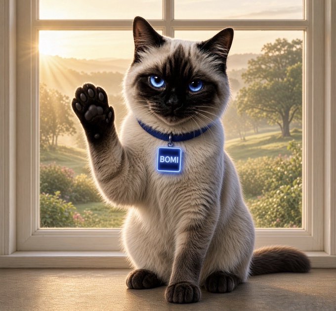 AI-generated image of a Siamese cat with bright blue eyes sitting by a sunlit window, wearing a blue collar with a tag that reads 'BOMI' while raising one paw.