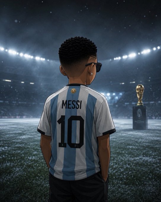 An illustrated image shows a person from behind wearing an Argentina soccer jersey with 'MESSI' and the number '10', gazing toward the World Cup trophy in a stadium.