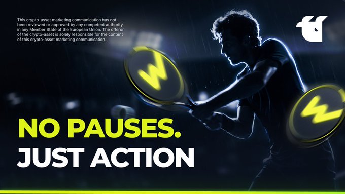 A dramatic image features a tennis player swinging at glowing balls displaying the "YNG" token logo, with the bold text "NO PAUSES. JUST ACTION" in yellow and white. The graphic promotes a WhiteBit trading competition for the Young Platform ($YNG) cryptocurrency, emphasizing the fast-paced nature of the event through the action-sports theme.