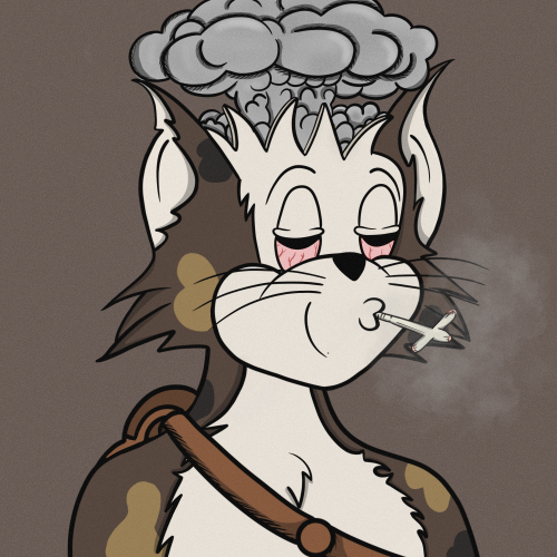 An anthropomorphic animal character with a cloud-like head, brown and white fur, and a cigarette in its mouth.