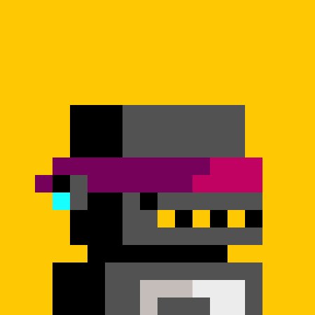 A pixel art illustration on a yellow background depicting a character with black and gray blocks, a magenta hat, and a cyan accent.