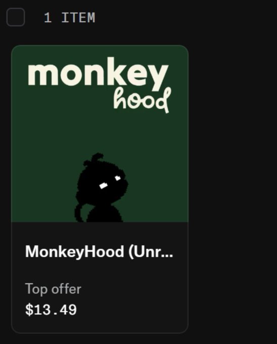 A marketplace listing showing a MonkeyHood NFT/merchandise item with a top offer of $13.49.