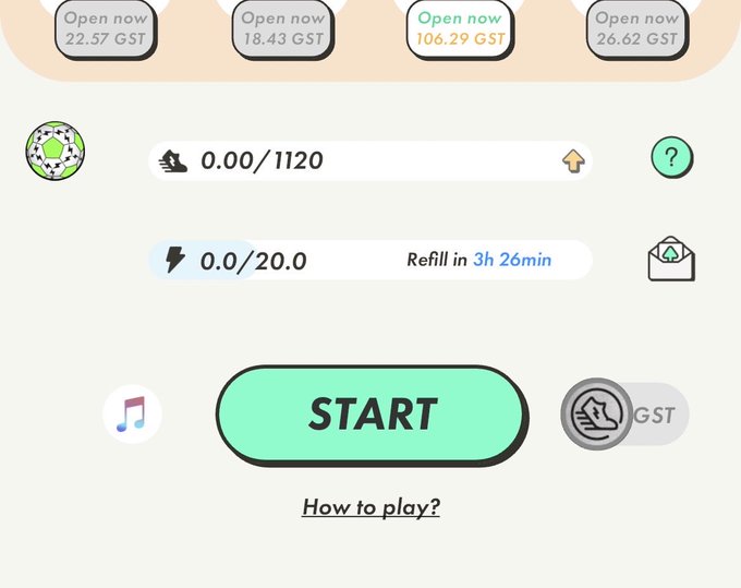 Game interface screen displaying 'Open now' countdown timers in GST, a progress bar showing 0.00/1120, energy at 0.0/20.0 with 'Refill in 3h 26min', and a large green 'START' button.