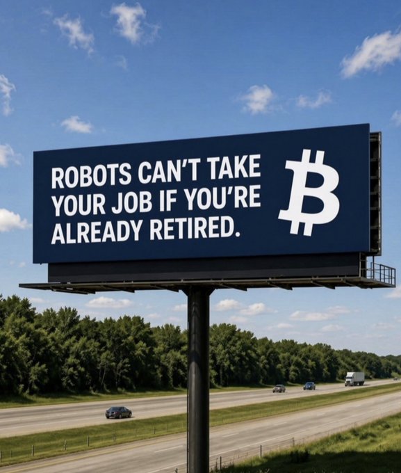 A black billboard beside a highway displays the text 'ROBOTS CAN'T TAKE YOUR JOB IF YOU'RE ALREADY RETIRED.' next to a white Bitcoin logo, with cars driving on the road below.
