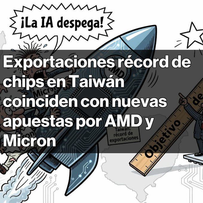 A cartoon-style news graphic reading 'Exportaciones récord de chips en Taiwán coinciden con nuevas apuestas por AMD y Micron' with '¡La IA despega!' speech bubble and a rocket illustration.