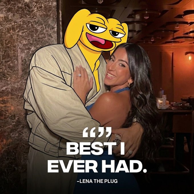 A photo of a smiling woman being embraced by a person with a cartoon dog emoji covering their face, with overlaid text reading "BEST I EVER HAD. -LENA THE PLUG".