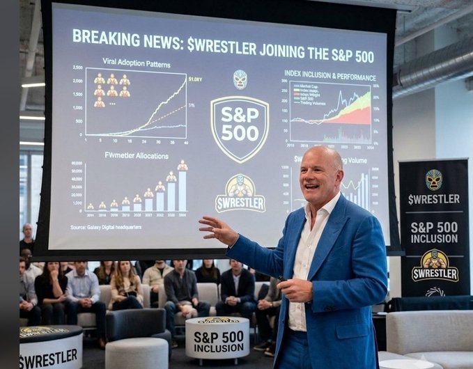 A man in a blue suit presents at an event with a screen displaying 'BREAKING NEWS: $WRESTLER JOINING THE S&P 500' along with charts for Viral Adoption Patterns, F'wetier Allocations, and Index Inclusion & Performance.