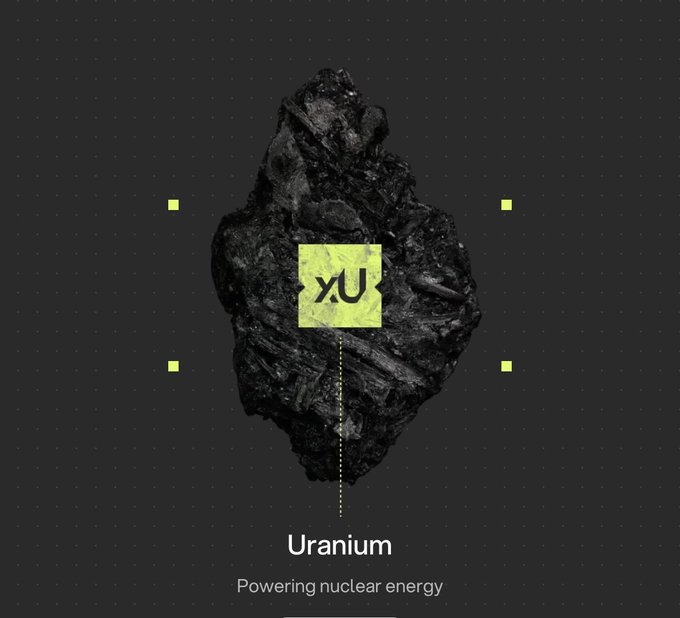 An informational graphic showing a dark, jagged rock labeled with the chemical symbol 'XU' in a green square, captioned 'Uranium' and 'Powering nuclear energy'.