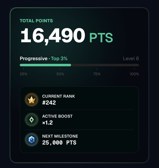 A dark-themed dashboard showing "TOTAL POINTS 16,490 PTS" in the top 3%, Level 6, with a Current Rank of #242, an Active Boost of x1.2, and a Next Milestone of 25,000 PTS.