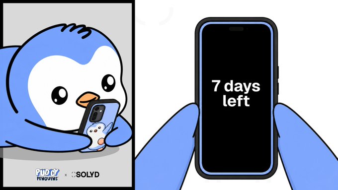 A cartoon penguin from 'PiPi Penguins' by Solyd looking sadly at a phone with a heart case, while another hand holds a phone displaying '7 days left' on a black screen.