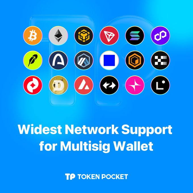 An advertisement for Token Pocket cryptocurrency wallet featuring 18 cryptocurrency logos and the text 'Widest Network Support for Multisig Wallet'.