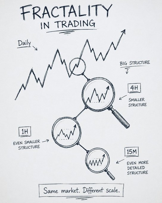 A hand-drawn diagram titled "FRACTALITY IN TRADING" illustrates how zooming into a Daily chart reveals similar price patterns at progressively smaller timeframes—4H (smaller structure), 1H (even smaller structure), and 15M (even more detailed structure)—with the caption "Same market. Different scale." The image visually reinforces the post's explanation of multi-timeframe analysis by showing that price action maintains its shape across all scales, demonstrating the fractal nature of markets.