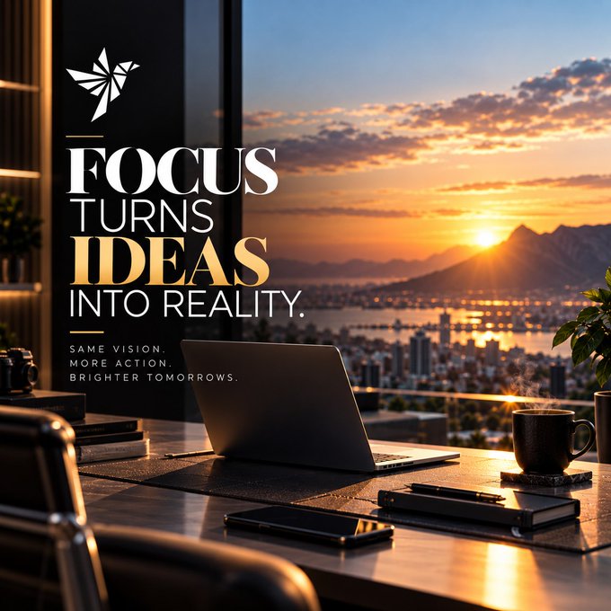 An inspirational poster shows a desk setup with a laptop overlooking a sunset cityscape, with text reading "FOCUS TURNS IDEAS INTO REALITY. SAME VISION. MORE ACTION. BRIGHTER TOMORROWS."