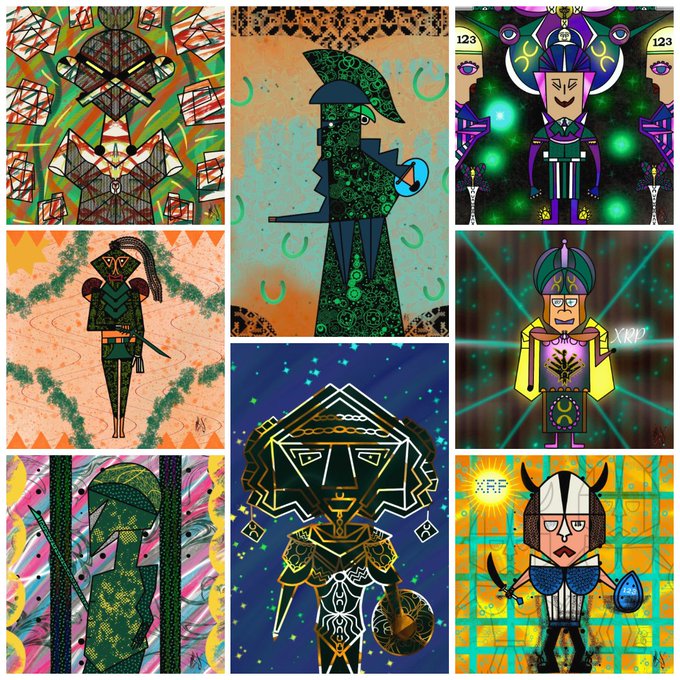 A colorful collage of eight stylized, geometric digital illustrations featuring various warrior-like figures with ornate headdresses and decorative patterns, some marked with 'XRP' and '123'.
