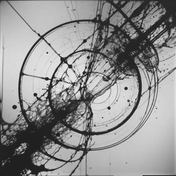The image shows an abstract art piece created with black ink, featuring a large circle filled with black ink splatters surrounding a smaller circular area inside of it. The artwork appears to depict the chaos of colliding or exploding celestial bodies.