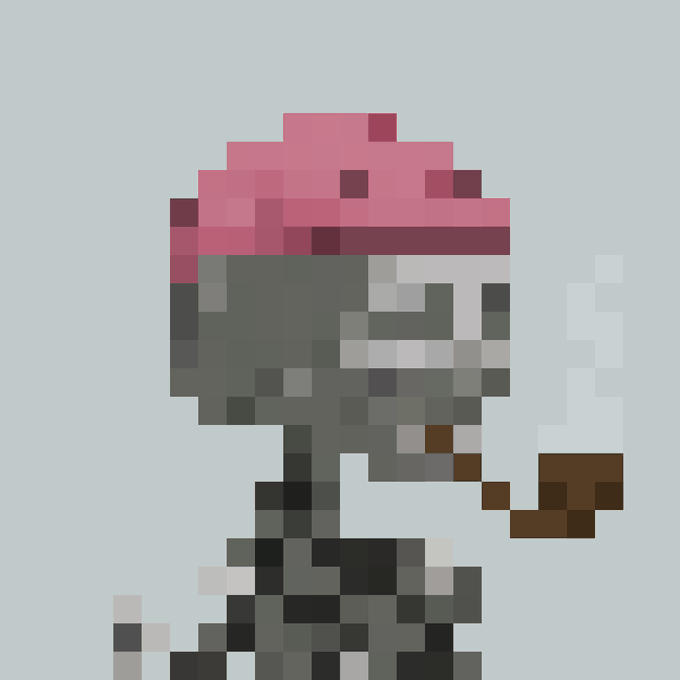 A pixel art rendering depicts a character with pink hair and dark sunglasses, shown in profile against a light blue background.