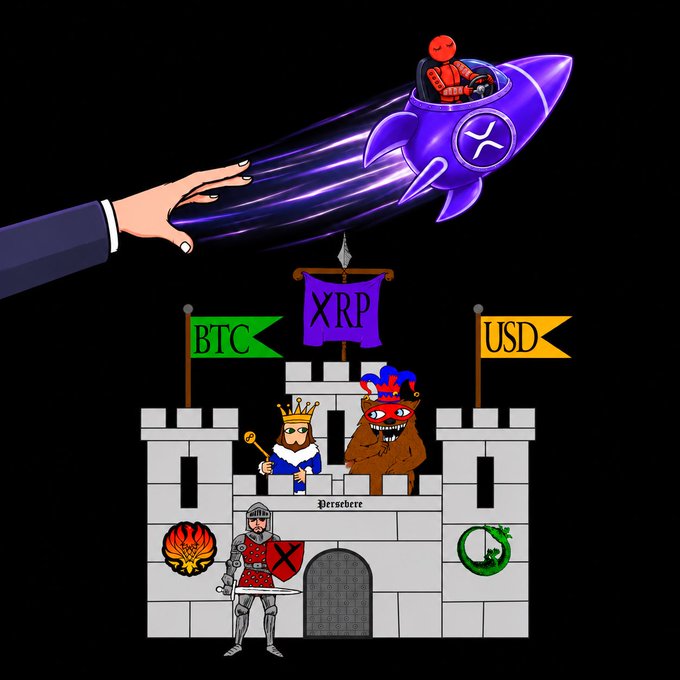 Digital illustration featuring a hand launching a rocket carrying an astronaut with the XRP (XRP) logo, flying over a castle with flags for BTC, XRP, and USD, alongside a knight and king characters.
