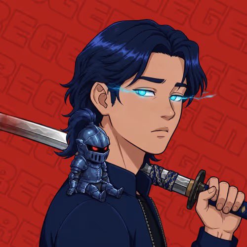 A digital anime-style illustration of a young man with dark blue hair and glowing blue eyes, carrying a katana over which sits a tiny armored knight, set against a red background with faint repeating text.
