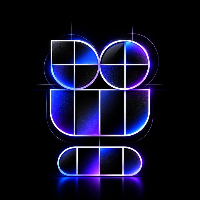 A stylized neon-lit logo with blue and purple geometric shapes forming an abstract design on a black background.