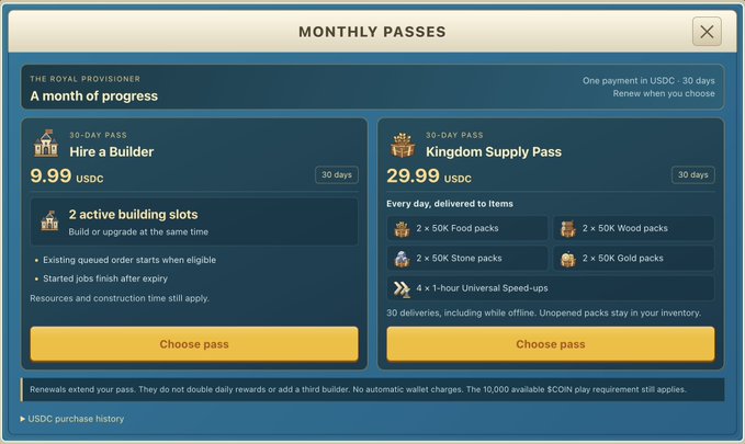 A screenshot of a 'MONTHLY PASSES' menu from a game called 'THE ROYAL PROVISIONER', offering a 'Hire a Builder' pass for 9.99 USDC and a 'Kingdom Supply Pass' for 29.99 USDC.