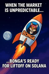 A promotional graphic with text 'WHEN THE MARKET IS UNPREDICTABLE... BONGA'S READY FOR LIFTOFF ON SOLANA,' featuring a cartoon rocket ship with a masked character and the word 'BONGA' flying past a moon.