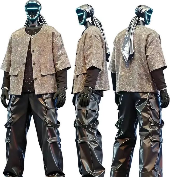 Three views of a futuristic outfit featuring a glittery beige short-sleeve jacket, dark shirt, black cargo pants with straps, black gloves, and a metallic silver headpiece with blue LED accents.