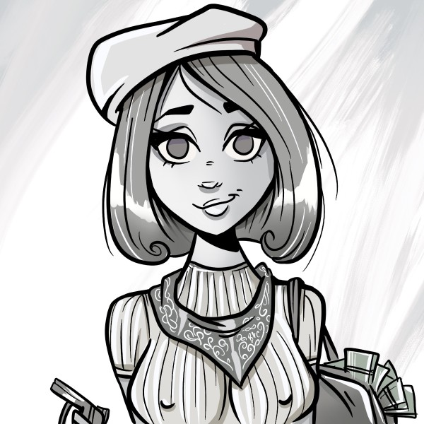A black and white stylized illustration of a woman with short hair wearing a beret and a patterned bandana, holding shopping bags.